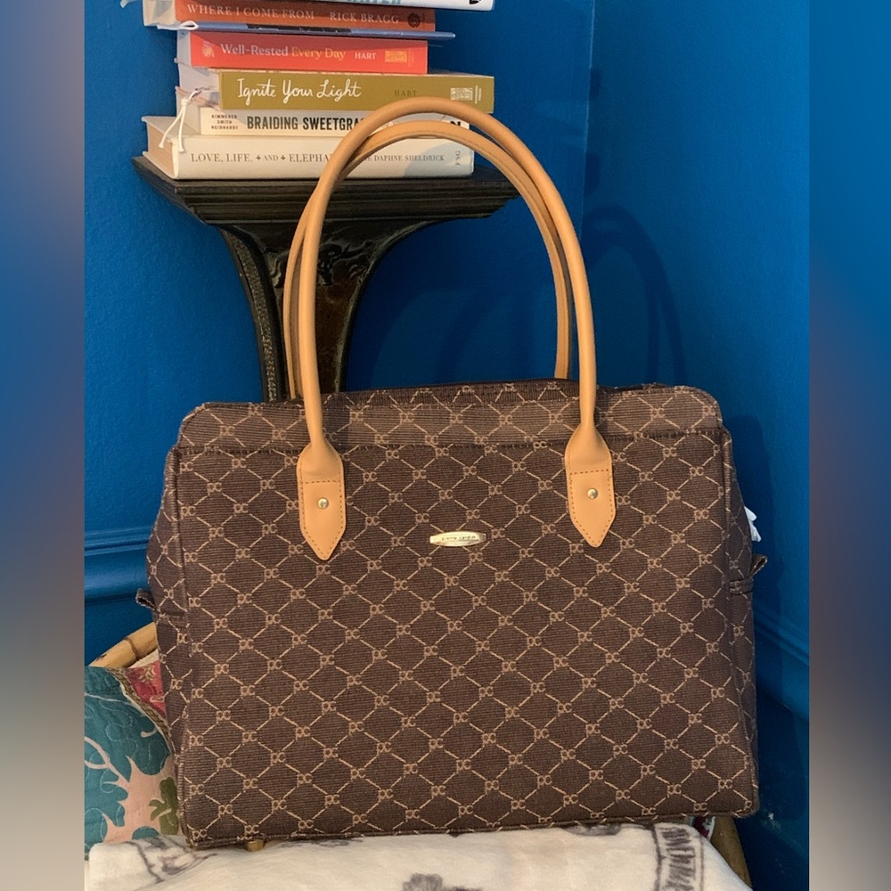 Brown Patterned Laptop Tote Bag with Tan Handles by Pierre Cardin